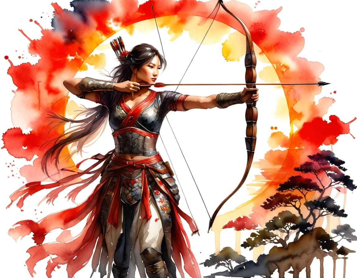 a Japanese watercolor illustration (using Black, white and red colors only) of a exquisite beautiful female archer, (silhouette artwork: 1.3), aiming a bow, holding the (composite masterwork bow: 1.3)  perfectly, ready for action as the sun rises, fantasy art, ), sun rising behind the archer, ready to act,  ultra feminine, with a long curvy hair, wearing knights armor, intricate clothes, , sting drawn to the cheek , arrow ready to be shot, (tip of the arrow glimmers in the sun: 1.3), sunrays, divine rays, high details, best quality, 16k, [ultra detailed], masterpiece, best quality, (extremely detailed), dynamic angle, Aiming a Bow, bow (weapon), ral-wtrclr