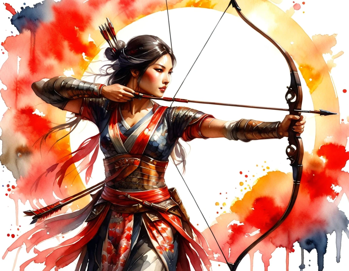 a Japanese watercolor illustration (using Black, white and red colors only) of a exquisite beautiful female archer, (silhouette artwork: 1.3), aiming a bow, holding the (composite masterwork bow: 1.3)  perfectly, ready for action as the sun rises, fantasy art, ), sun rising behind the archer, ready to act,  ultra feminine, with a long curvy hair, wearing knights armor, intricate clothes, , sting drawn to the cheek , arrow ready to be shot, (tip of the arrow glimmers in the sun: 1.3), sunrays, divine rays, high details, best quality, 16k, [ultra detailed], masterpiece, best quality, (extremely detailed), dynamic angle, Aiming a Bow, bow (weapon), ral-wtrclr