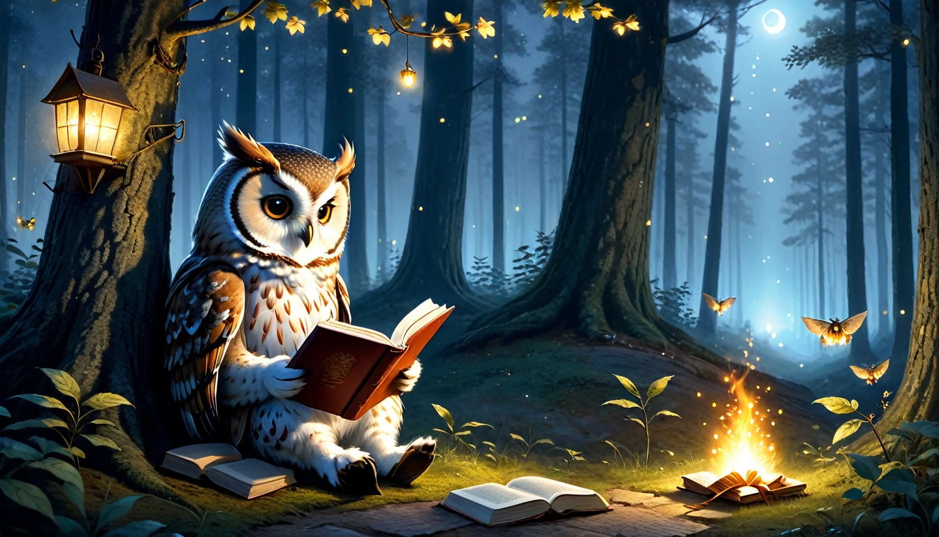 C4tt4stic, anthropomorphic cute animal characters, dressed and bipedal, human-like posture, cute owl, reading a book, under the tree, quiet forest, night, fireflies glowing, (((casual clothing))), mystical, fantasy art, exquisite details, Jean-Baptiste Monge style, Alan Lee style, movie scene, dramatic shot angles, atmospheric particles, realistic, raw cinematic photorealism, action portrait, 8k, detailed, full frame