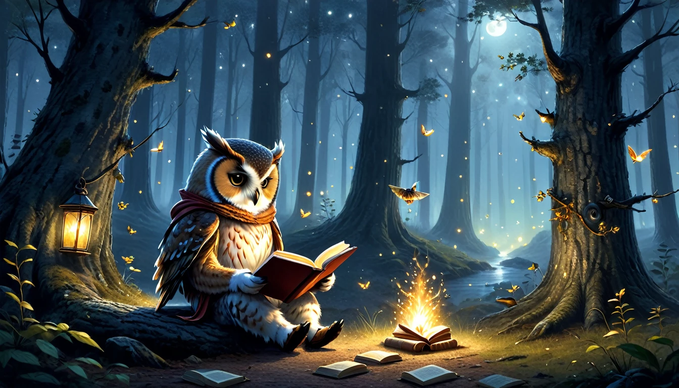 C4tt4stic, anthropomorphic cute animal characters, dressed and bipedal, human-like posture, cute owl, reading a book, under the tree, quiet forest, night, fireflies glowing, (((casual clothing))), mystical, fantasy art, exquisite details, Jean-Baptiste Monge style, Alan Lee style, movie scene, dramatic shot angles, atmospheric particles, realistic, raw cinematic photorealism, action portrait, 8k, detailed, full frame