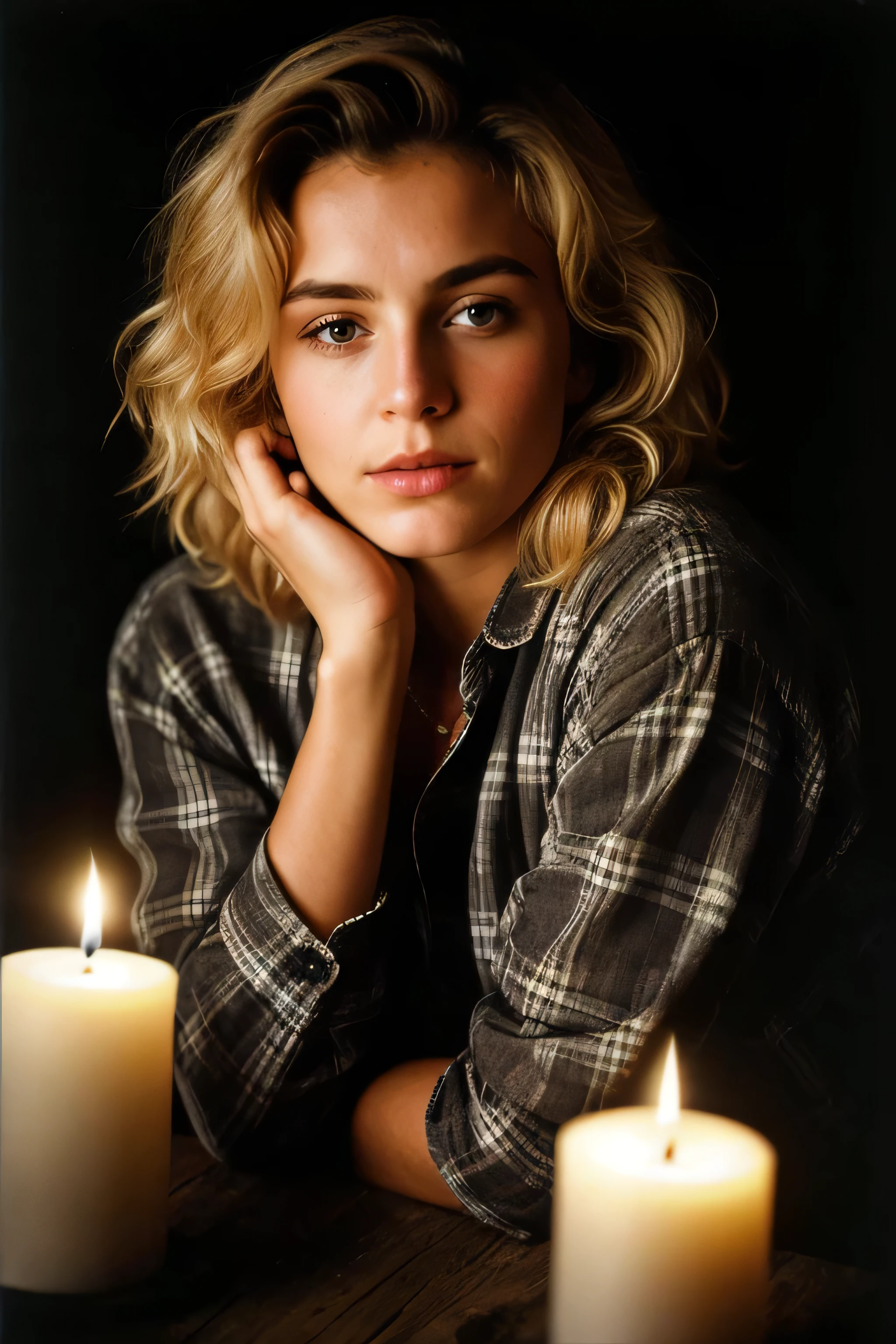 Photograph of a woman, (worried expression), Textured leather, goosebumps, blonde with afro hair, plaid flannel shirt with distressed boyfriend jeans, cowboy shot, a dark and mysterious cave with unique rock formations and hidden wonders, Perfect eyes, (by candlelight,chiaroscuro), holder for 160 flowers, shot on ARRI ALEXA 65, hips, sharp focus on the subject, shot by Don McCullin