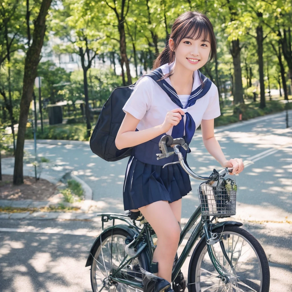 (8K、RAW Photos、Highest quality)、Detailed Background、Beautiful and elaborate face、Beautiful, smooth skin、Skin Texture、Professional Lighting、Cute beautiful girl、Cute character wearing sailor uniform.、The costume is a sailor collar and ribbon uniform..、Cute Ponytail、 Sleeveless、Knee-high socks、Pleated mini skirt、Ride your road bike through nature parks and bike paths、Vehicle traffic is restricted in natural parks and bicycle paths., A safe and comfortable ride.。You can enjoy a relaxing drive surrounded by beautiful nature and greenery..。smile