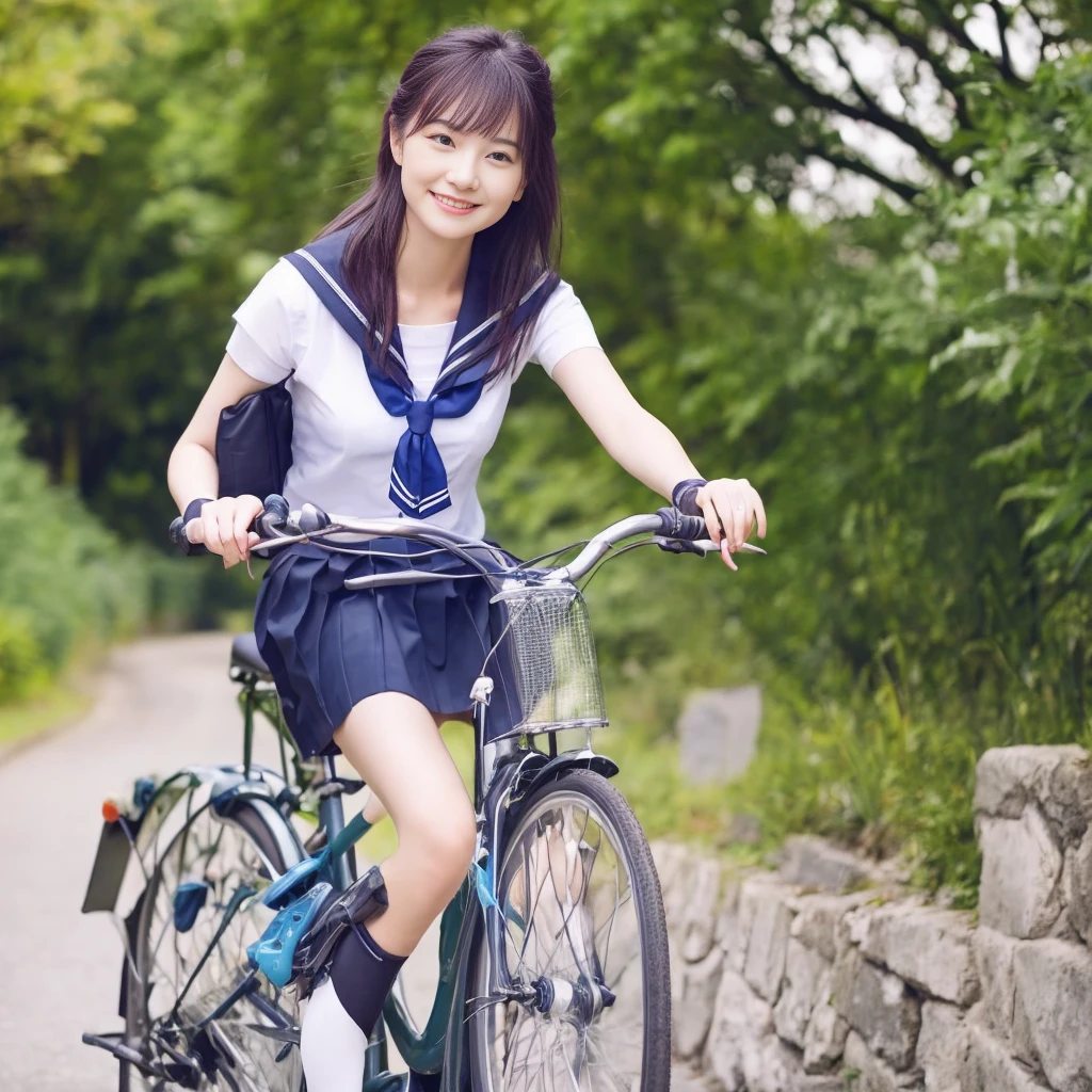 (8K、RAW Photos、Highest quality)、Detailed Background、Beautiful and elaborate face、Beautiful, smooth skin、Skin Texture、Professional Lighting、Cute beautiful girl、Cute character wearing sailor uniform.、The costume is a sailor collar and ribbon uniform..、Cute Ponytail、 Sleeveless、Knee-high socks、Pleated mini skirt、Ride your road bike through nature parks and bike paths、Vehicle traffic is restricted in natural parks and bicycle paths., A safe and comfortable ride.。You can enjoy a relaxing drive surrounded by beautiful nature and greenery..。smile