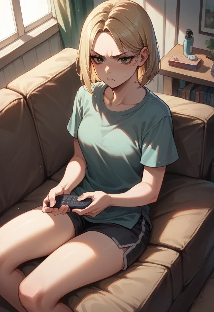 Illustration, detailed illustration, dynamic angle, ultra-detailed, 1girl, medium blonde hair, brown eyes, annoyed expression, sitting on couch, holding remote control