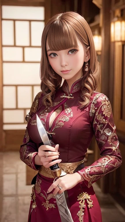 (Holding (knife:1.2)), (The blade glitters), (Holding sword sheath) 、(1 girl)、Bob Hair、Brown Hair、Medium breast、Chinese clothing:1.3、Temple precincts、(masterpiece:1.2、Raw photo quality、Highest quality)、Beautiful face、Anatomically correct limbs、Anatomically correct body、