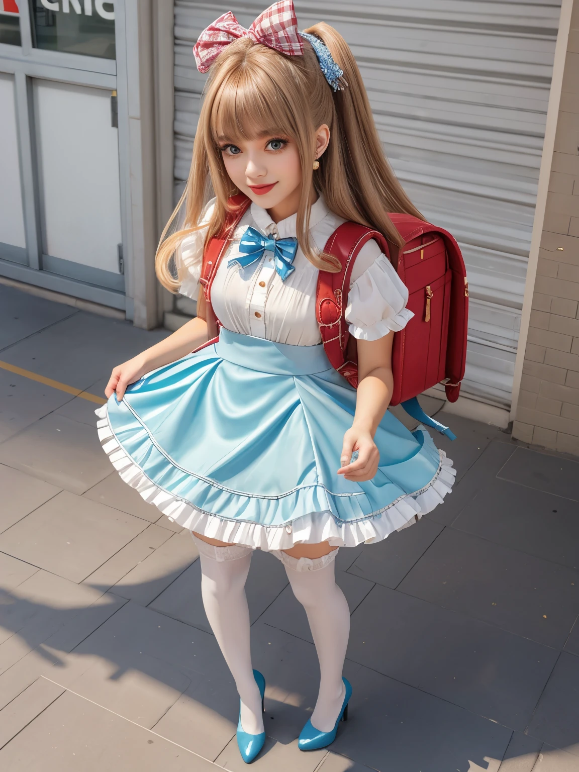 best quality, quality, masterpiece,  1girl, solo, highschool girl, tall height body, full body, standing, long hair, straight hair, blunt bangs, looking at viewer, smile, blue dress,lolita dress, shiny dress, bow, apron, frills, puffy short sleeves, hair ornament, accessories, cute toy doll, white thighhighs, white long socks, fullbody, Standing , white high heels boots, colorful dress, street, wearing red backpack, (backpack:1.2)