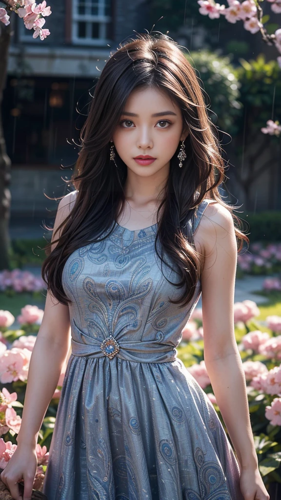 4k, ultra hd, masterpiece, 1 girl, serious face, detailed eyes, very long hair, (flare dress:1.5), blue flare dress, paisley print, (jwellery:1.5), bere waist, in the garden, cherry blossom, rain:1.5, water,