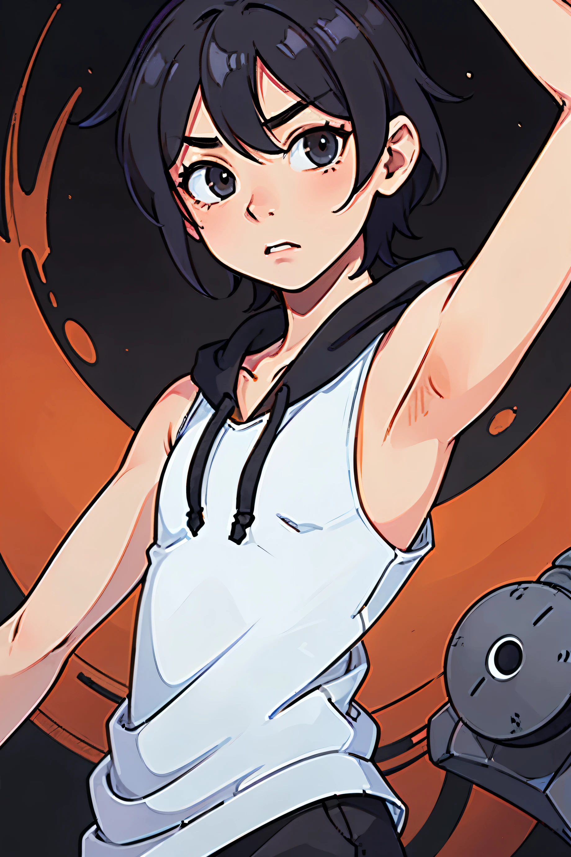 Highres, Masterpiece, Best quality at best,Best Quality,hight quality, hight detailed, Anime style, 1boy, Shota, young boy, Solo person, Black hoodie, Sleeveless hoodie, Seen from the front, look at viewer, (very young boy), (very small and short body), 12-year-old boys, (Showing armpit:1.3), hansome boy, perfect anime still frame,