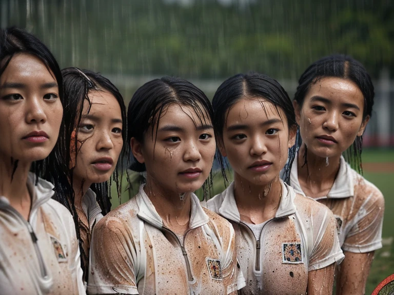 (A plain white short sleeved dirt stained field hockey uniform with a very tight white half zip:1.7)、(A large, dirt-stained, white, square collar: 1.6)、(Red clay ground:1.5)、My hair is wet and messy、(Beautiful Japanese woman covered in dirt:2.0)、Highest quality, masterpiece, Ultra-high resolution, Photorealistic, Raw Photos,Detailed face,(Muscular woman:2.4), (Fastener open: 1.8), (Upper body zoom up:1.0),(Everyone wears the same clothes:1.0), All members are super beauties, (Three beautiful Japanese women standing in a row facing the camera: 1.5), (Hair tied up: 1.4), (Exhausted expression: 2.0), Bright photo, (My whole body is drenched in rain: 1.7)
