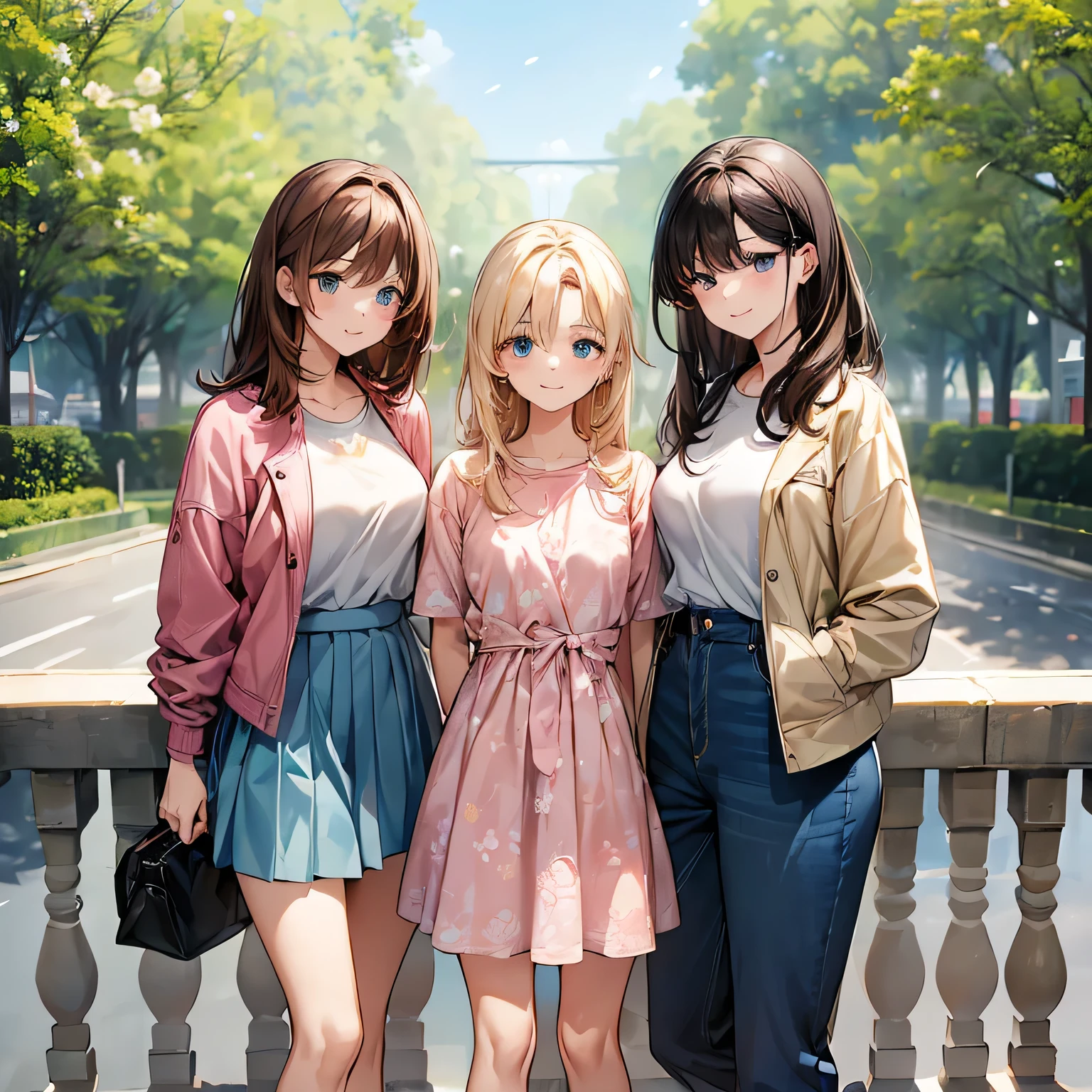(Three Women:1.6)。((The first character is、Long blonde hair:1.6、Blue Eyes、She is wearing a pastel pink floral dress。The second character is、Short black hair:1.6、Green Eyes、She is wearing a casual denim jacket and skirt。The third character is、Wavy brown hair:1.6、Brown eyes、Wearing a sporty tracksuit))。They are all、Smiling and standing close to each other、It shows a strong friendship。The park is lush with greenery and flowers blooming.、Above is a clear blue sky。