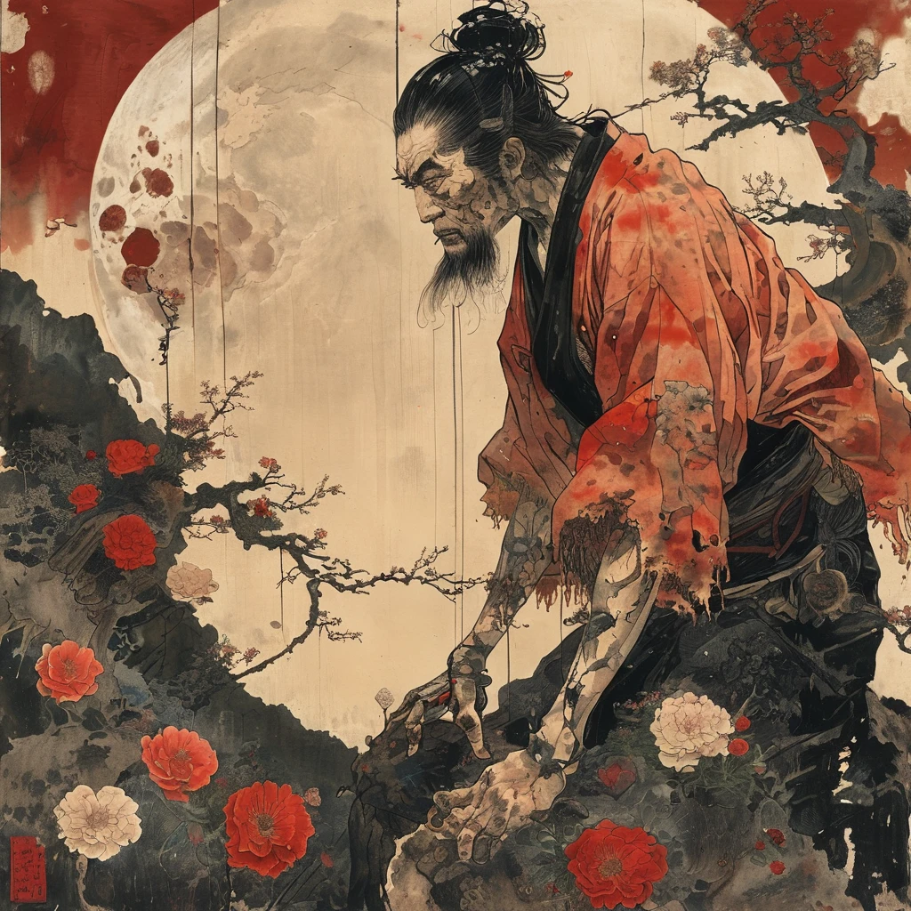 japanese line art    , a samurai( tied up  to a wooden steak with several arrows stuck in him,:1.2) lower body missing visible skeletal structure , ripped rags, rope and bloody ground, black skies and large moon , floral damask background ,  in the style of  takato yamamoto    , 