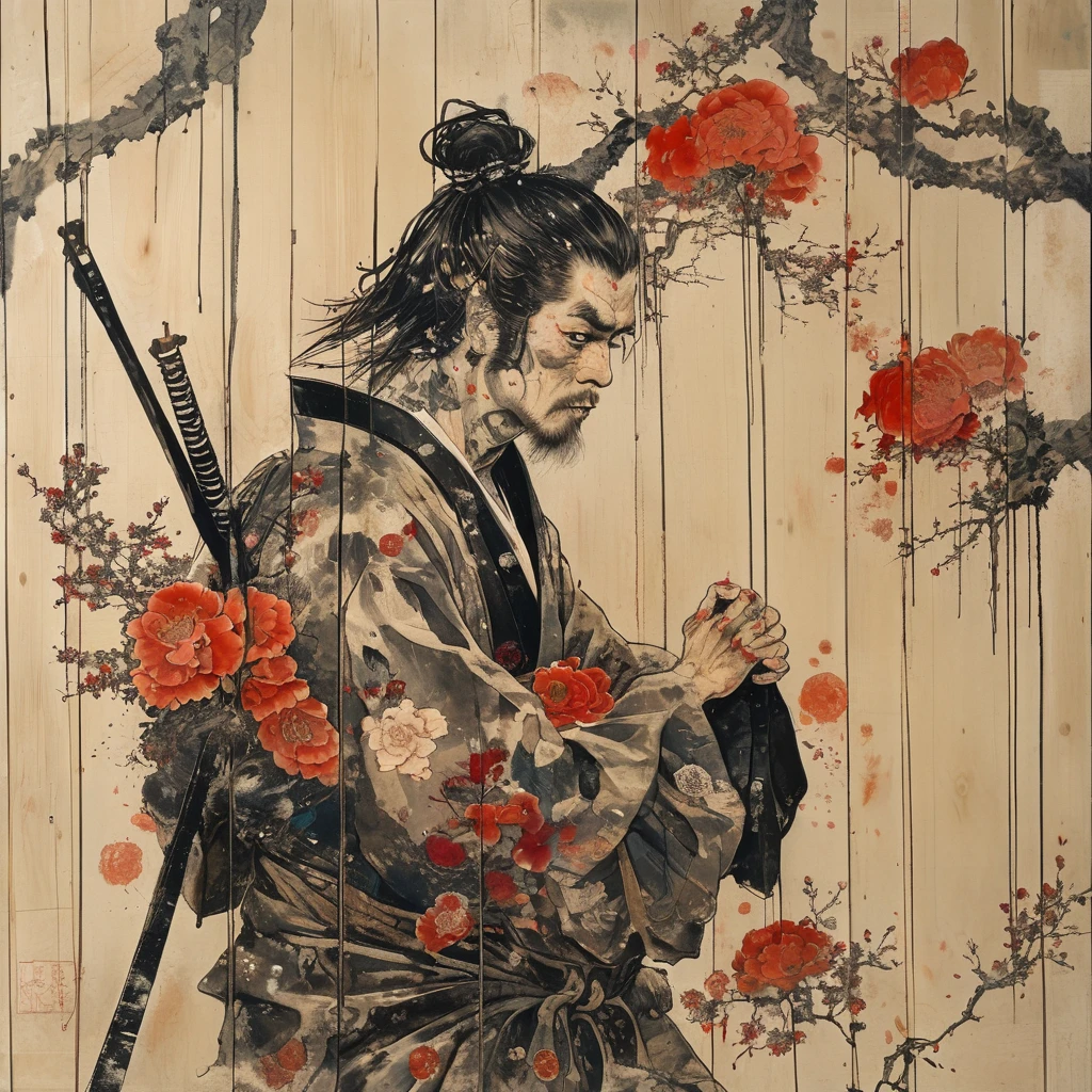 japanese line art    , a samurai( tied up  to a wooden steak with several arrows stuck in him,:1.2) lower body missing visible skeletal structure , ripped rags, rope and bloody ground, black skies and large moon , floral damask background ,  in the style of  takato yamamoto    , 