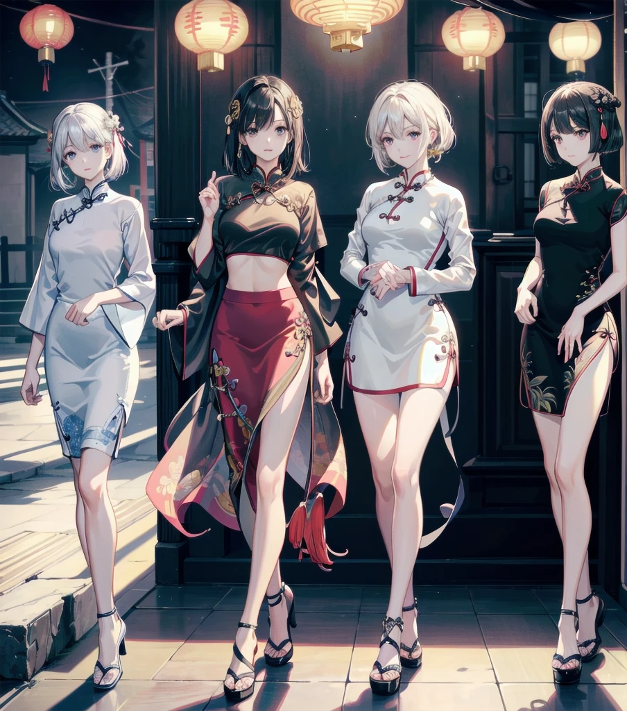 absurdres, RAW photo, extremely delicate and beautiful, masterpiece, Best Quality, ultra high resolution, 32k, hyperrealistic, ultra-detailed, Very detailed CG 8k wallpaper, Beautiful Lighting, Perfect Lightning, Realistic Shadows, perfect anatomy, super Detailed skin, perfect figure, Japanese woman, late 20s, very Slim body, narrow waist, very small head, handsome detailed woman, very detailed eyes and face, realistic face proportions, Stunning detailed eyes, Realistic beautiful face, very small face, Realistic small beautiful eyes, tearful mole, earring, beautiful and very thin legs, beautiful and very thin thighs, very huge round breasts, medium hair, black hair, cowboy shot, (3girls:1.5), (cheongsam:1.5),
