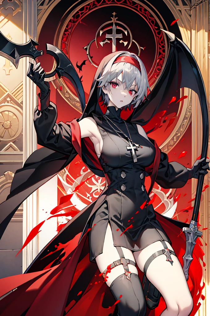 avenger,large breast,The chest area is exposed,Eye color is scarlet,garter,big Scythe,Catholic nun,Cross Necklace,hair over one eye,Knee socks,Hair color is golden,Devilish,Church Background, high Quality,best quality,Uninhabited