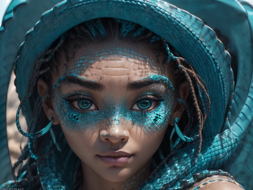 best quality, 4k, 8k, 16k, (ultra high resolution:1.5)(realistic, photorealistic, RAW photo: 1.4) (HDR:1.4) (sharp focus:1.9),(cinematic effect:1.4) intricate texture, porcelain skin , portrait (close up:1.5) of a 23 year old woman, curly hair, afro, native of the HIMBA tribe (very detailed teal eyes:1.6)