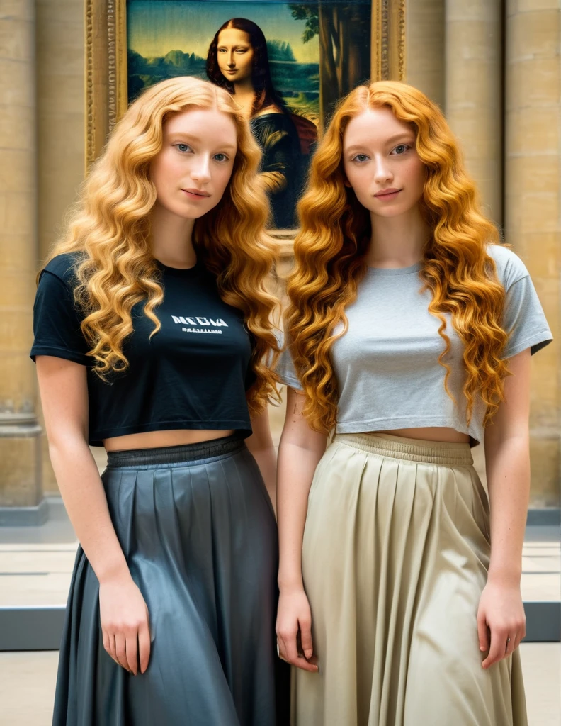 Two attractive 25-year-old women, one with long, very curly ginger hair, dressed in a t-shirt and long skirt, and the other with long, wavy platinum blonde hair, wearing a crop top and long skirt, are in the Louvre admiring the Mona Lisa.