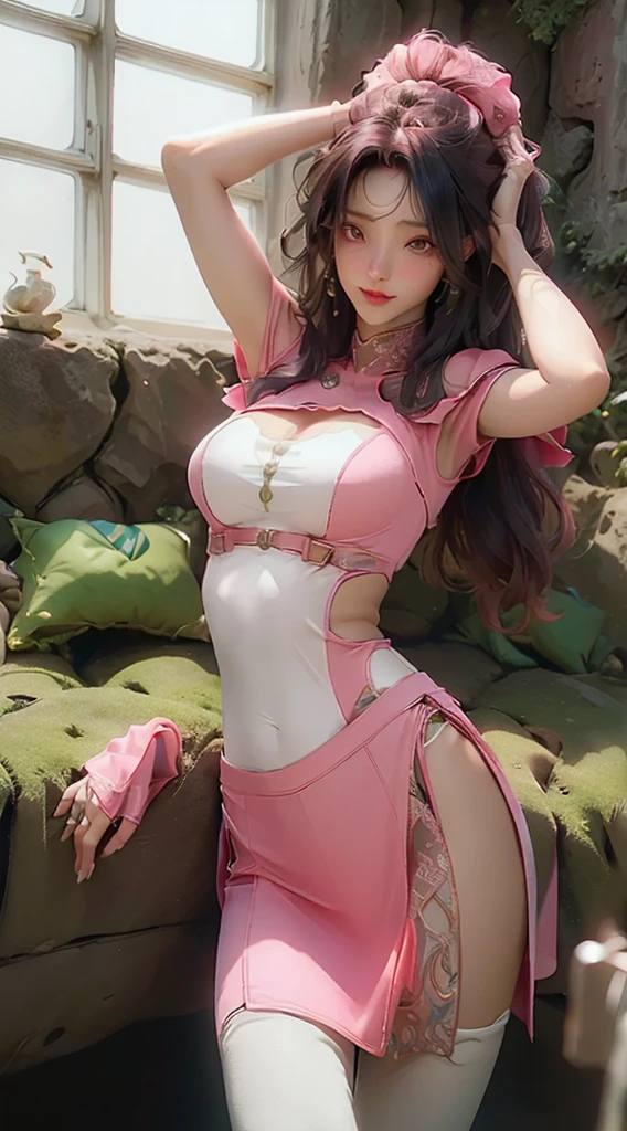 ((best qualtiy)), ((tmasterpiece)), (the detail:1.4), 3D, Lori huge breasts cleavage,Grass God,the original god,Nassida,(HighDynamicRange),Ray traching,NVIDIA RTX,Super-Resolution,Unreal 5,Subsurface scattering、PBR Texture、post-proces、Anisotropy Filtering、depth of fields、Go to bed,Lie down,maximum definition and sharpnesany-Layer Textures、Albedo e mapas Speculares、Surface Coloring、Accurate simulation of light-material interactions、perfectly proportions、Octane Render、Two-colored light、largeaperture、Low ISO、White balance、the rule of thirds、8K RAW、big breasts exposed cleavage,cropped shoulders,camisole,Superskirt,Transparent packaging,tightsuit,open waist,Superskirt//,Very short pink cute,Pink tender,