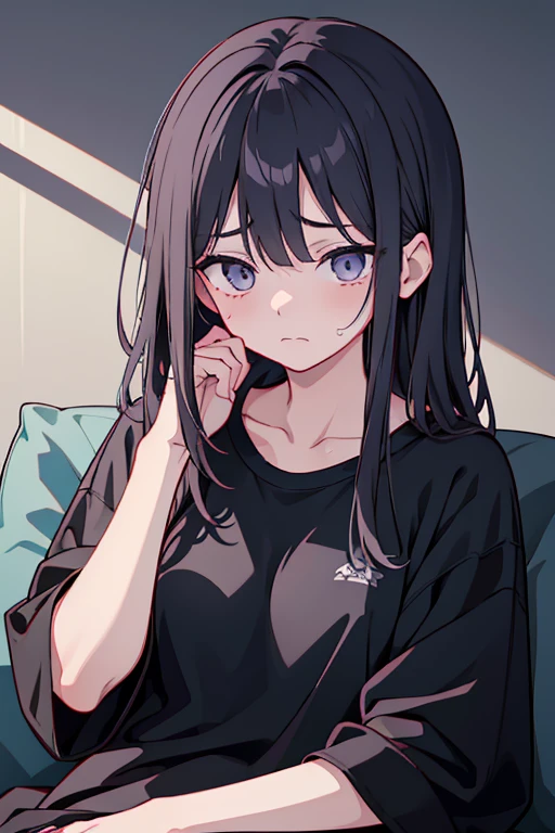 woman、18-year-old、Downer、Anxious face、Anguished、Desperate eyes、Black, cloudy eyes、Gative Thinking、Sleepiness、Bearish、lack of sleep、Sloppy clothing、Wearing a loose T-shirt、Weak Body、Looks tired、Laziness、Leaning on the couch、Depressed、Dark atmosphere