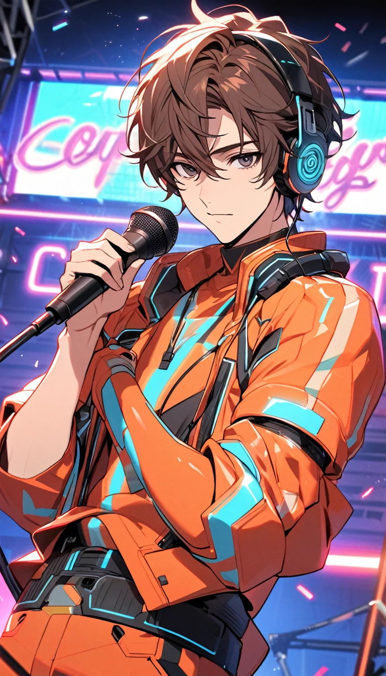 Handsome, single, clearly washed out, male, black red eyes, short, brown hair, headphones, neon colored sci-fi robot suit. Mixes sci-fi and neon tones. Behind it is a robot with neon lights. In the background, a large robot clearly sings on stage, wearing a neon shirt and holding a cool microphone. and sing on stage