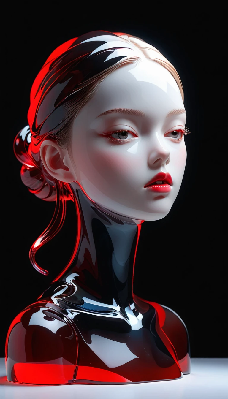 The Art of Blank Space,Sense of space,1 colored glass transparent 3D portrait sculpture,面部Luminescence线路,simple,Minimalism,beautiful girl,Black and red,,black background,Luminescence