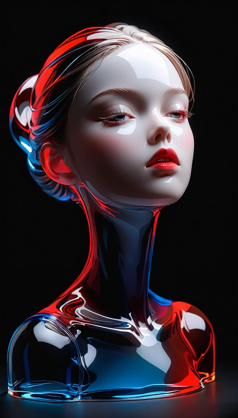 The Art of Blank Space,Sense of space,1 colored glass transparent 3D portrait sculpture,面部Luminescence线路,simple,Minimalism,beautiful girl,Black and red,,black background,Luminescence