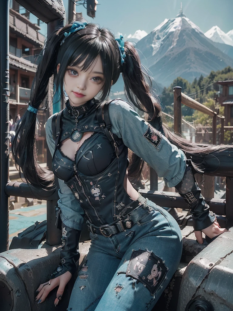 (Full Body View:1.4)、(Full body:1.3)、(Smiling with teeth showing:1.3),(Shibuya Gal:1.5)、(Gothic ta style fashion:1.5)、(Punk RockVisual Kei:1.5)、(Wearing a rhythmic gymnastics bodysuit with intricate details:1.4)、(Racing suit and pants with intricate turquoise, denim and charcoal decorations:1.5)、(Denim and light blue and turquoise boots:1.3)、((belt))、(Numerous delicate logo marks all over the costume:1.4)、(collar:1.3)、(Polka dot underwear:1.5)、20-year-old、NSFW、((Highest quality、In 8K、masterpiece:1.3))、Sharp focus:1.2、(Layered Cut、Huge boobs:1.1),Beautiful woman with perfect figure:1.4、(do a gravure pose:1.3)、Slender Abs:1.2、Highly detailed face and skin texture、Detailed eyes、double eyelid,(Twin tails:1.3)、(Black brown hair:1.3)、Gravure idol、(The background is a vast mountain々Beautiful luxury resort destination in Europe:1.3)、(Slim body:1.3),(Make your legs thinner:1.4),(clavicle:1.1)