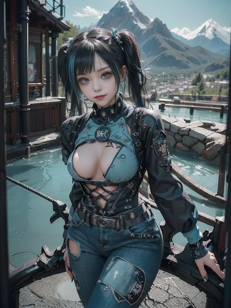 (Full Body View:1.4)、(Full body:1.3)、(Smiling with teeth showing:1.3),(Shibuya Gal:1.5)、(Gothic ta style fashion:1.5)、(Punk RockVisual Kei:1.5)、(Wearing a rhythmic gymnastics bodysuit with intricate details:1.4)、(Racing suit and pants with intricate turquoise, denim and charcoal decorations:1.5)、(Denim and light blue and turquoise boots:1.3)、((belt))、(Numerous delicate logo marks all over the costume:1.4)、(collar:1.3)、(Polka dot underwear:1.5)、20-year-old、NSFW、((Highest quality、In 8K、masterpiece:1.3))、Sharp focus:1.2、(Layered Cut、Huge boobs:1.1),Beautiful woman with perfect figure:1.4、(do a gravure pose:1.3)、Slender Abs:1.2、Highly detailed face and skin texture、Detailed eyes、double eyelid,(Twin tails:1.3)、(Black brown hair:1.3)、Gravure idol、(The background is a vast mountain々Beautiful luxury resort destination in Europe:1.3)、(Slim body:1.3),(Make your legs thinner:1.4),（clavicle:1.1）