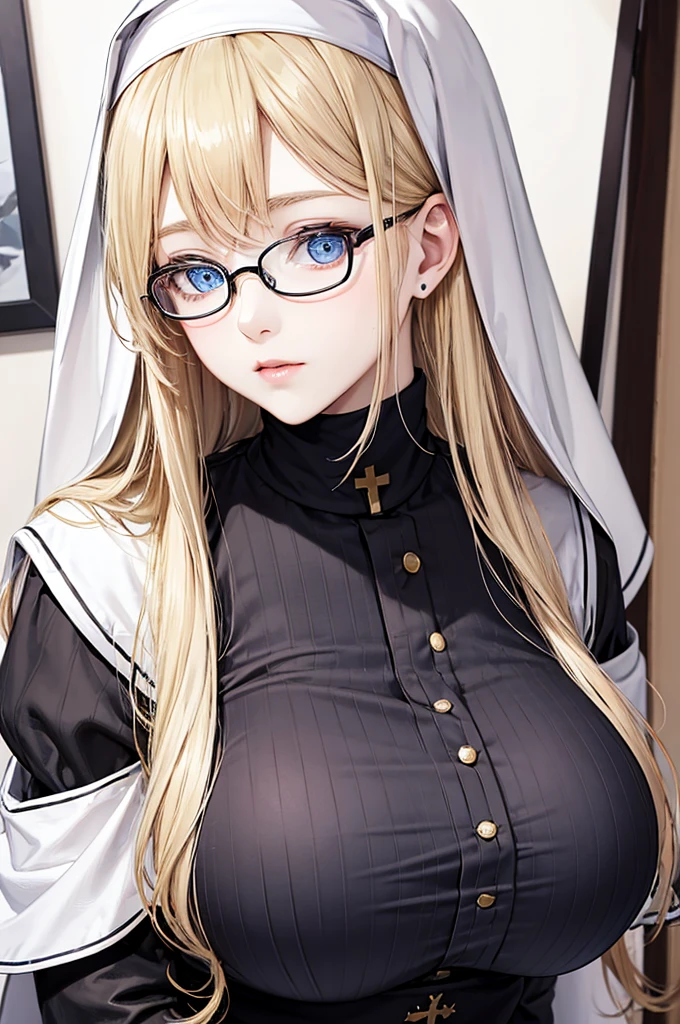 blonde，Blue Eyes，Long hair，Big breasts，woman wearing nun uniform，Slightly fat face，Mature teenage girl，Royal sister，Black-rimmed glasses