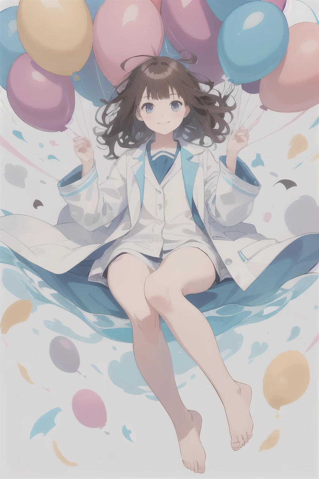 A girl trapped in an enclosed space with lots of colorful balloons scattered all over, wearing something that looks like a lab coat, frizzy hair, medium brown hair, bare feet, body floating so softly it seems as if it's floating in the air, gentle smile