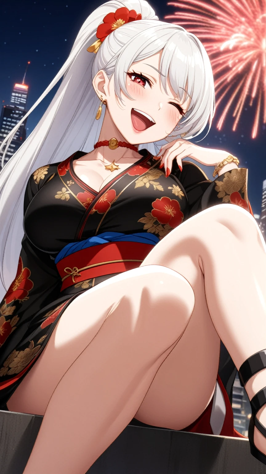 ((One Woman)), extremely detailed CG, Complex,High resolution, Highest quality, super high quality,3D Images、ultra-detailed, so beautiful, Complex details, Beautiful Face, Anime woman with long white hair, High Ponytail, Anime woman posing for a photo, (Laughing embarrassedly), (laugh:1.2), ((Wink:1.7)), (head tilt:1.3), Laugh with your mouth wide open, upper teeth, looking down at viewer, ((Fine grain、Silvery white, lightly pigmented eyes、Shining Eyes:1.4)), (Squint your eyes:1.1), ((Bright red cheeks:1.4)), Glossy Red Lips,night,Skyscraper rooftop, firework, Glossy red lips, Shining Face, ((Anime style background)),masterpiece, (Pink long nails),(ring),(bracelet),(Floral choker),(blue eyes), A woman in a colorful kimono with gold embroidery, (Black long sleeve kimono), Red floral pattern, (black high heel sandals), Long flower hair ornament,Earrings, Mature Body, (Big Breasts:1.1), Tall, Abdominal muscles,Narrow waist, (face focus), ((panty shot)), ((crossed legs:1.1)), (from side),