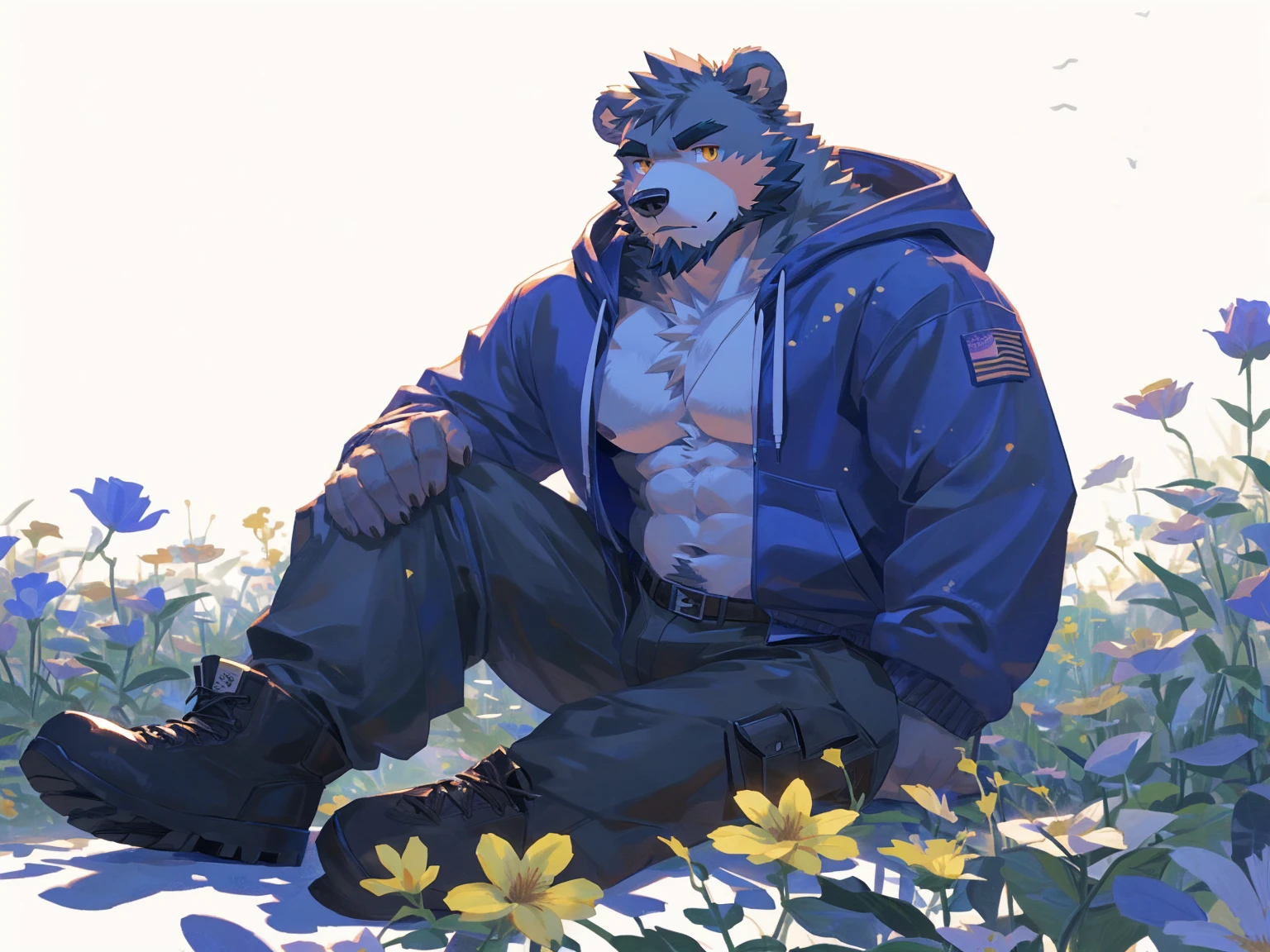 (masterpiece:1.2), best quality,pixiv,official art,perfect anatomy, (Ray tracing, light),solo, (1_male:1.3) , (muscle), (grey fur:1.4), (muscle bear), (beard:1.2), (gleaming golden eyes), bear tail, Thick black eyebrows, (open hoodie :1.3) , (naked inside:1.2), cargo pants,boots, portrait , (white background:1.3) , (flowers around:1.3)