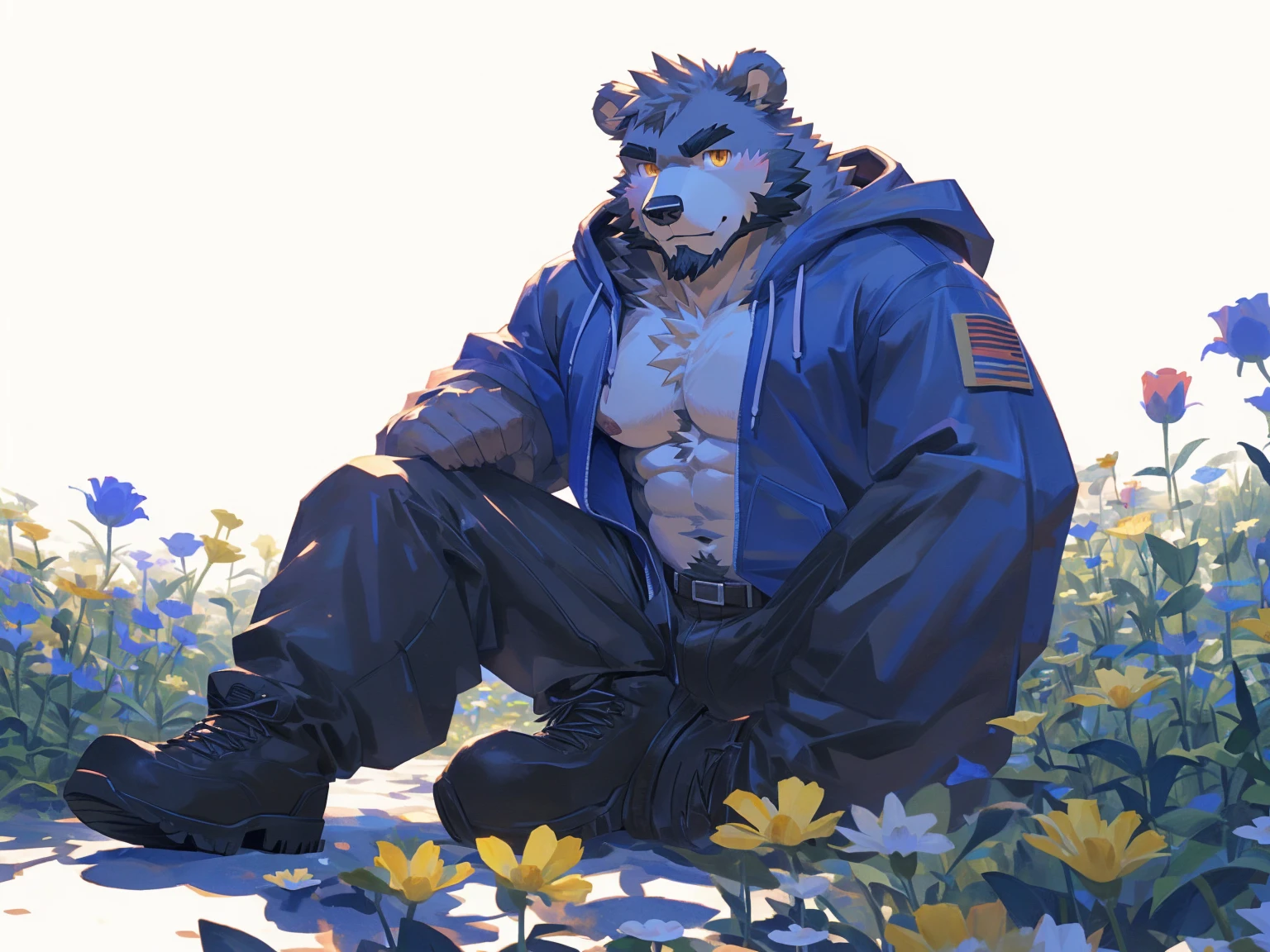 (masterpiece:1.2), best quality,pixiv,official art,perfect anatomy, (Ray tracing, light),solo, (1_male:1.3) , (muscle), (grey fur:1.4), (muscle bear), (beard:1.2), (gleaming golden eyes), bear tail, Thick black eyebrows, (open hoodie :1.3) , (naked inside:1.2), cargo pants,boots, portrait , (white background:1.3) , (flowers around:1.3)