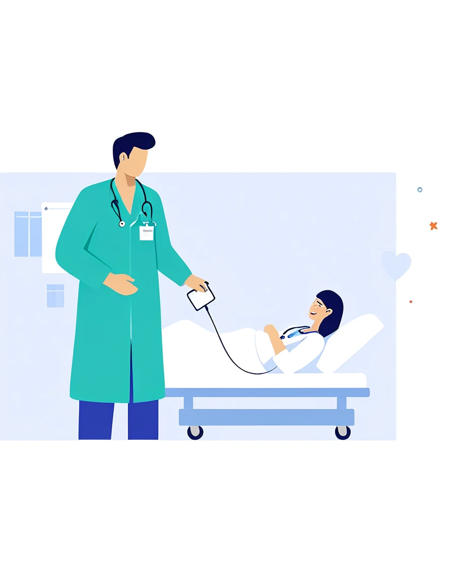 a man in a white coat is standing next to a woman in a Hospital bed, medical doctor, Flat illustration, Hospital background, in Hospital bed, doctor, Hospital room, medical background, Nursing, health care worker, Medical imaging, digital Medical equipment, colorful Medical equipment, Medical equipment, medical illustration, health care, Clean medical environment, Medical drawing, Hospital, Hospital ward，Solid color background（Except white）