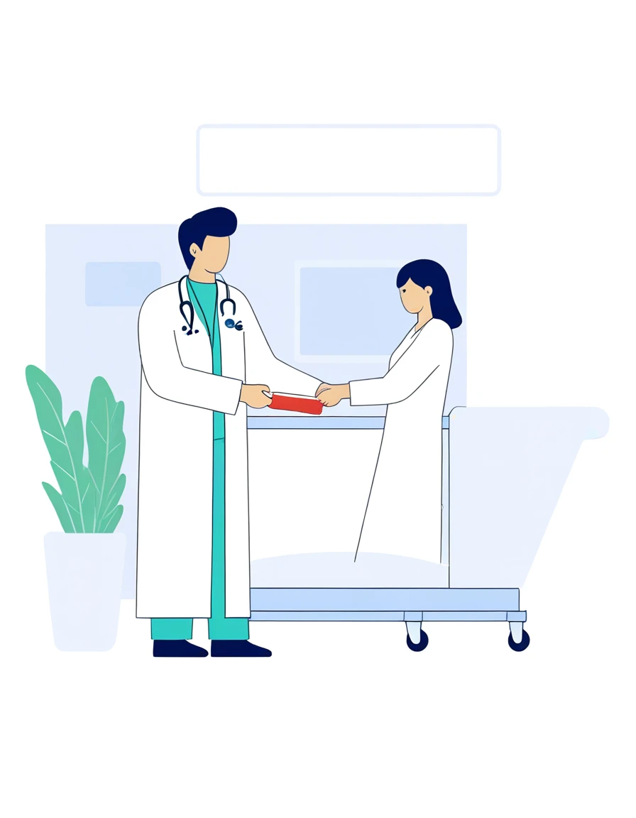 a man in a white coat is standing next to a woman in a Hospital bed, medical doctor, Flat illustration, Hospital background, in Hospital bed, doctor, Hospital room, medical background, Nursing, health care worker, Medical imaging, digital Medical equipment, colorful Medical equipment, Medical equipment, medical illustration, health care, Clean medical environment, Medical drawing, Hospital, Hospital ward，Solid color background（Except white）