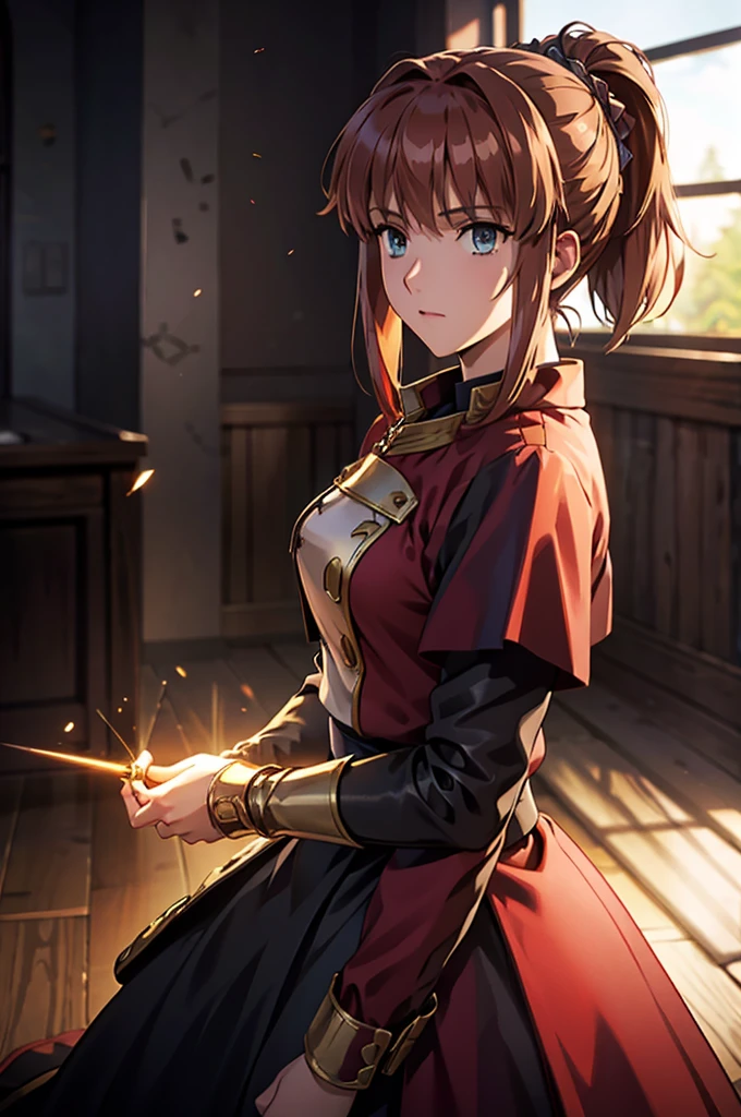 Highest quality, masterpiece, High resolution, alone, (Fire emblem‗ミネルバ),(Fire emblem),Evening sky_background,Young Girl,(red_Hair Color), 4K, masterpiece,, alone, 1,whole body,looking at the camera, (red_coat)Sharp Eyes,(Long Spear)(Full Finger), (Accurate fingertips), (The finer details), (Anatomically correct), (映画のbackground), Hyper Detail, (Subtle details), (Intricate details),