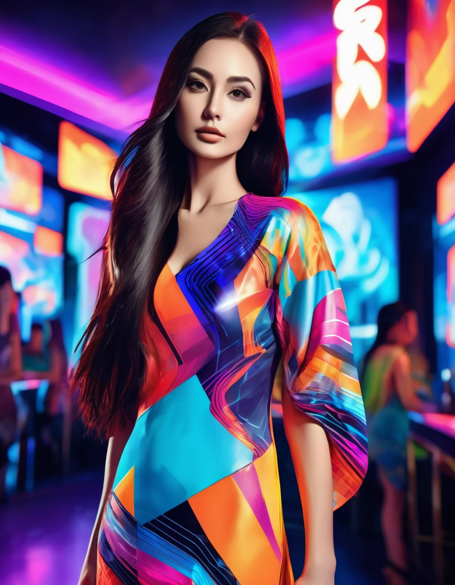 beautiful woman with long hair, wearing night club dress,a vibrant, futuristic image with vivid colors, featuring a digital art gallery in the future. Incorporate bright, dynamic lighting and clear, innovative elements for a sense of advanced technology and optimism, models --ar 3:2