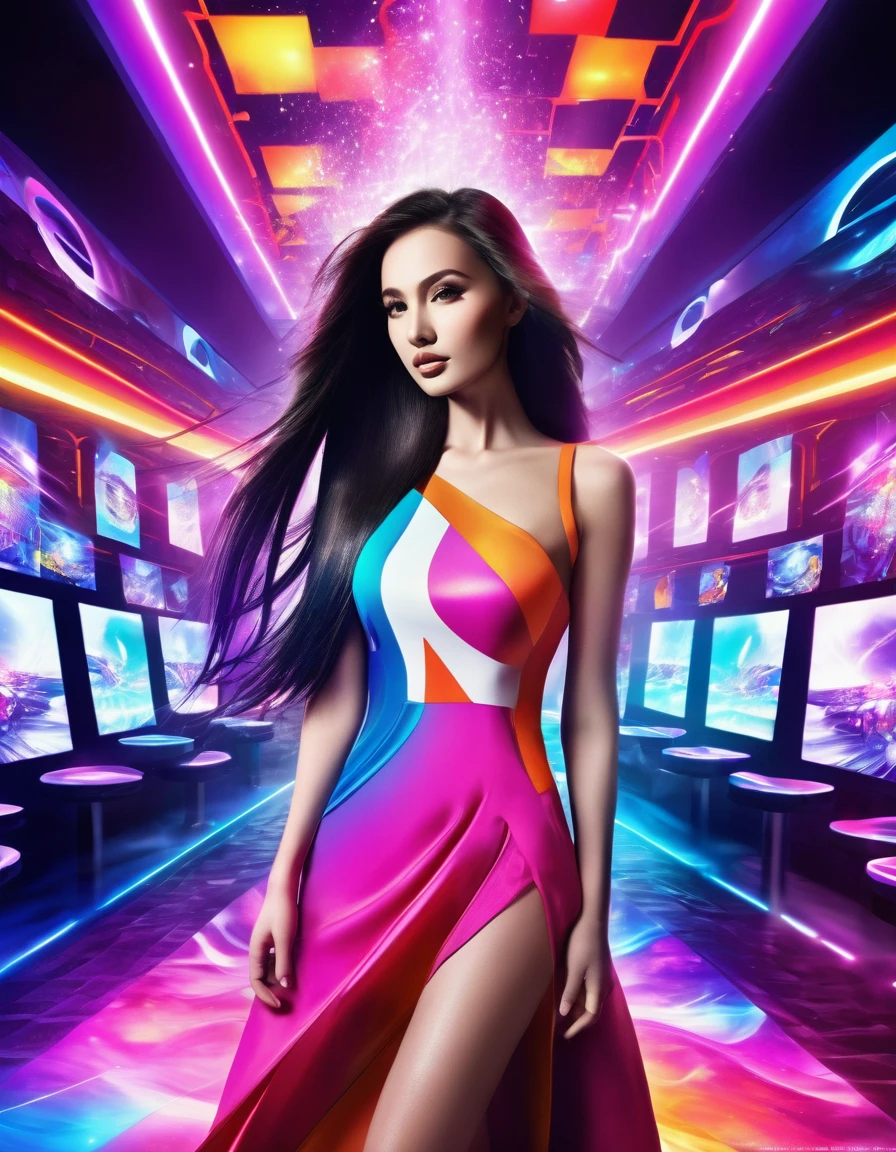 beautiful woman with long hair, wearing night club dress,a vibrant, futuristic image with vivid colors, featuring a digital art gallery in the future. Incorporate bright, dynamic lighting and clear, innovative elements for a sense of advanced technology and optimism, models --ar 3:2