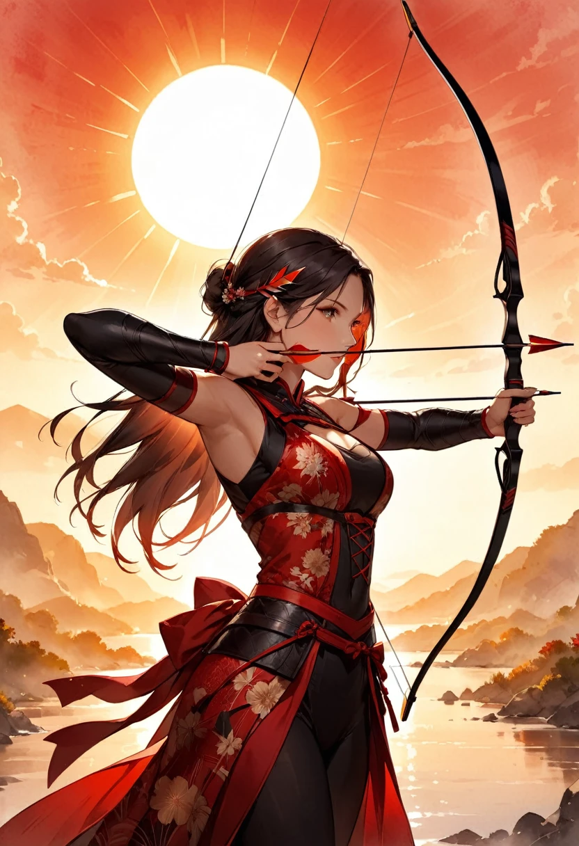 a Japanese watercolor illustration (Black, white and red colors only) of a exquisite beautiful female archer, (silhouette artwork: 1.3), aiming a bow, holding the (composite masterwork bow: 1.3)  perfectly, ready for action as the sun rises, fantasy art, ), sun rising behind the archer, ready to act,  ultra feminine, with a long curvy hair, dynamic clothing, intricate clothes, , sting drawn to the cheek , arrow ready to be shot, (metallic arrowhead shines in the sun: 1.5), sunrays, divine rays, high details, best quality, 16k, [ultra detailed], masterpiece, best quality, (extremely detailed), dynamic angle, Aiming a Bow, bow (weapon)