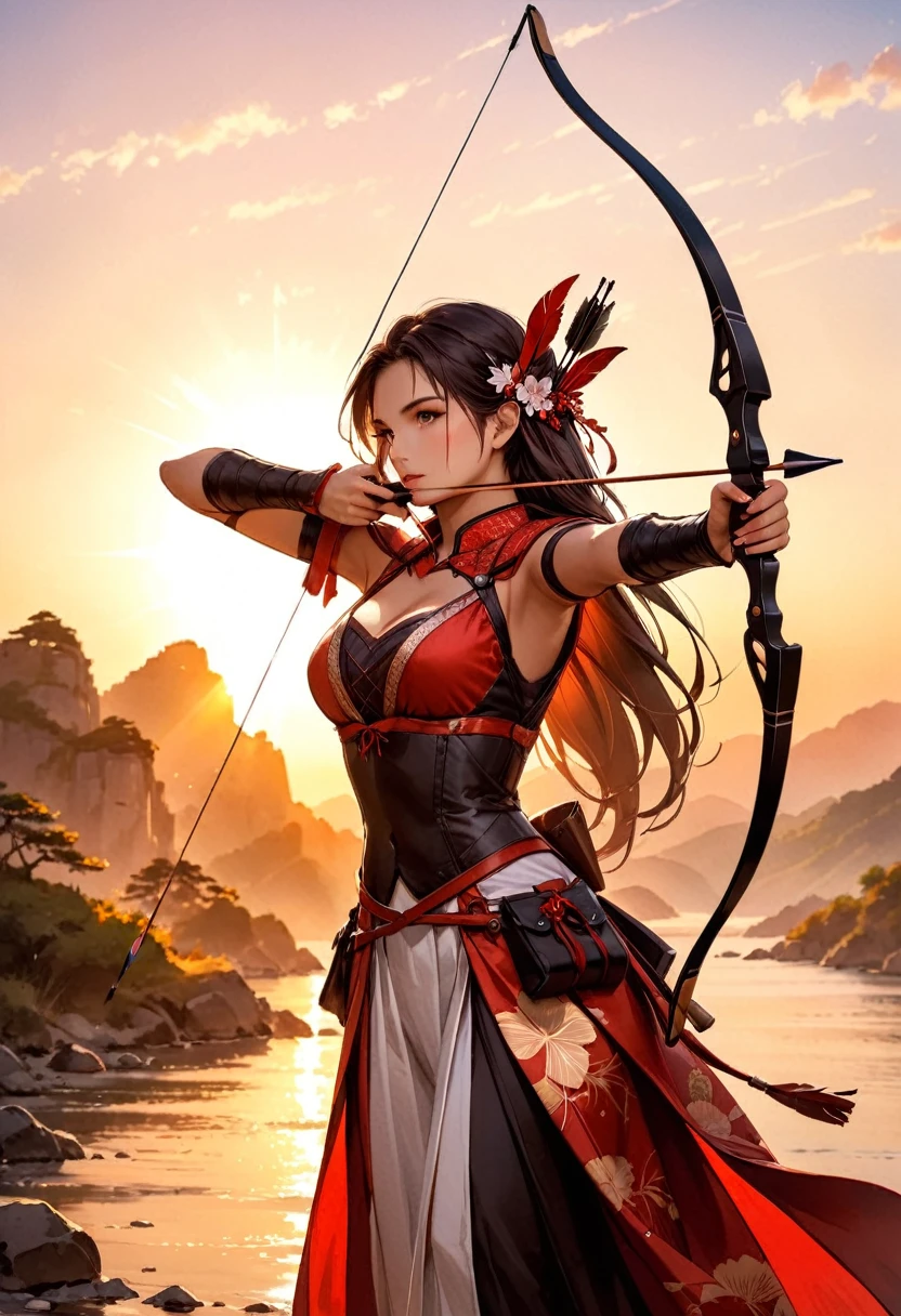 a Japanese watercolor illustration (Black, white and red colors only) of a exquisite beautiful female archer, (silhouette artwork: 1.3), aiming a bow, holding the (composite masterwork bow: 1.3)  perfectly, ready for action as the sun rises, fantasy art, ), sun rising behind the archer, ready to act,  ultra feminine, with a long curvy hair, dynamic clothing, intricate clothes, , sting drawn to the cheek , arrow ready to be shot, (metallic arrowhead shines in the sun: 1.5), sunrays, divine rays, high details, best quality, 16k, [ultra detailed], masterpiece, best quality, (extremely detailed), dynamic angle, Aiming a Bow, bow (weapon)