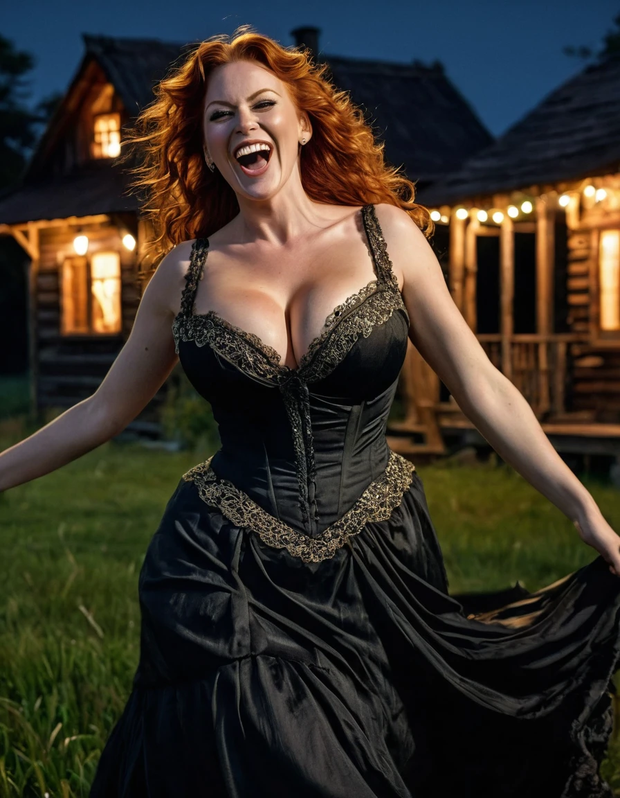 masterpiece 8k, high detailed picture (realism), of 45yo redhead woman, full body picture, dancing and laughing outside a grass field night. wearing black Victorian dress, , (glistening huge breasts)rally sagging breasts), (huges:1.5), (focus oled body anatomy), slim body, long messy windy hair. evil laughing (detailed evil face expression). Full moon night and old creepy wood cabin in the background. ultra-realistic, detailed surroundings dramatic lighting, ((detailed picture)), (intricate details), professional picture, ((shallow depth of field)) (cinematic lighting), HDR enhancement, ultra-fine texture, photorealistic, Extremely Realistic
