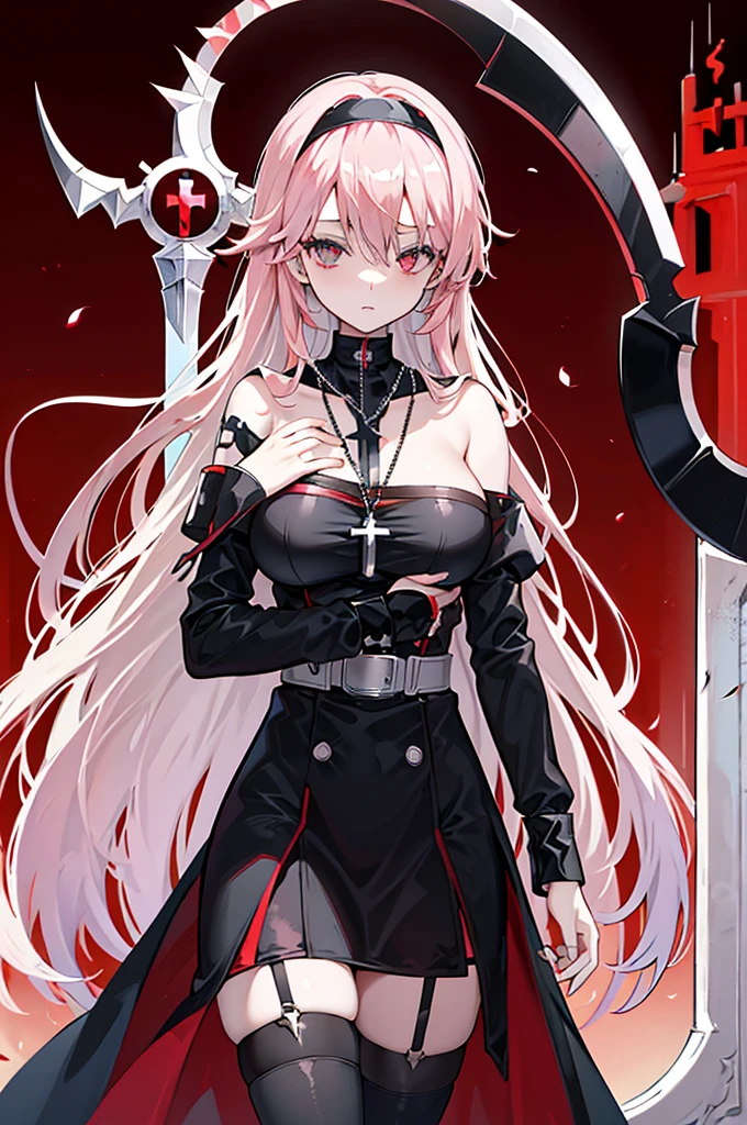 avenger,large breast,The chest area is exposed,Eye color is scarlet,garter,big Scythe,Catholic nun,Cross Necklace,hair over one eye,Knee socks,Hair color is golden,Devilish,Church Background, high Quality,best quality,Uninhabited