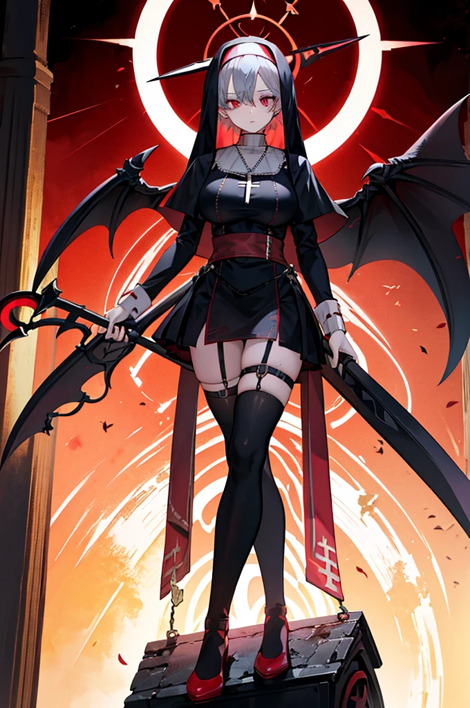 avenger,large breast,The chest area is exposed,Eye color is scarlet,garter,big Scythe,Catholic nun,Cross Necklace,hair over one eye,Knee socks,Hair color is golden,Devilish,Church Background, high Quality,best quality,Uninhabited