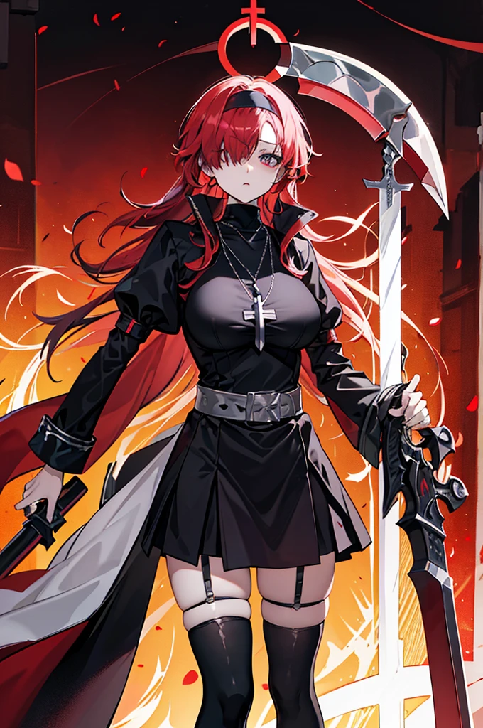 avenger,large breast,The chest area is exposed,Eye color is scarlet,garter,big Scythe,Catholic nun,Cross Necklace,hair over one eye,Knee socks,Hair color is golden,Devilish,Church Background, high Quality,best quality,Uninhabited