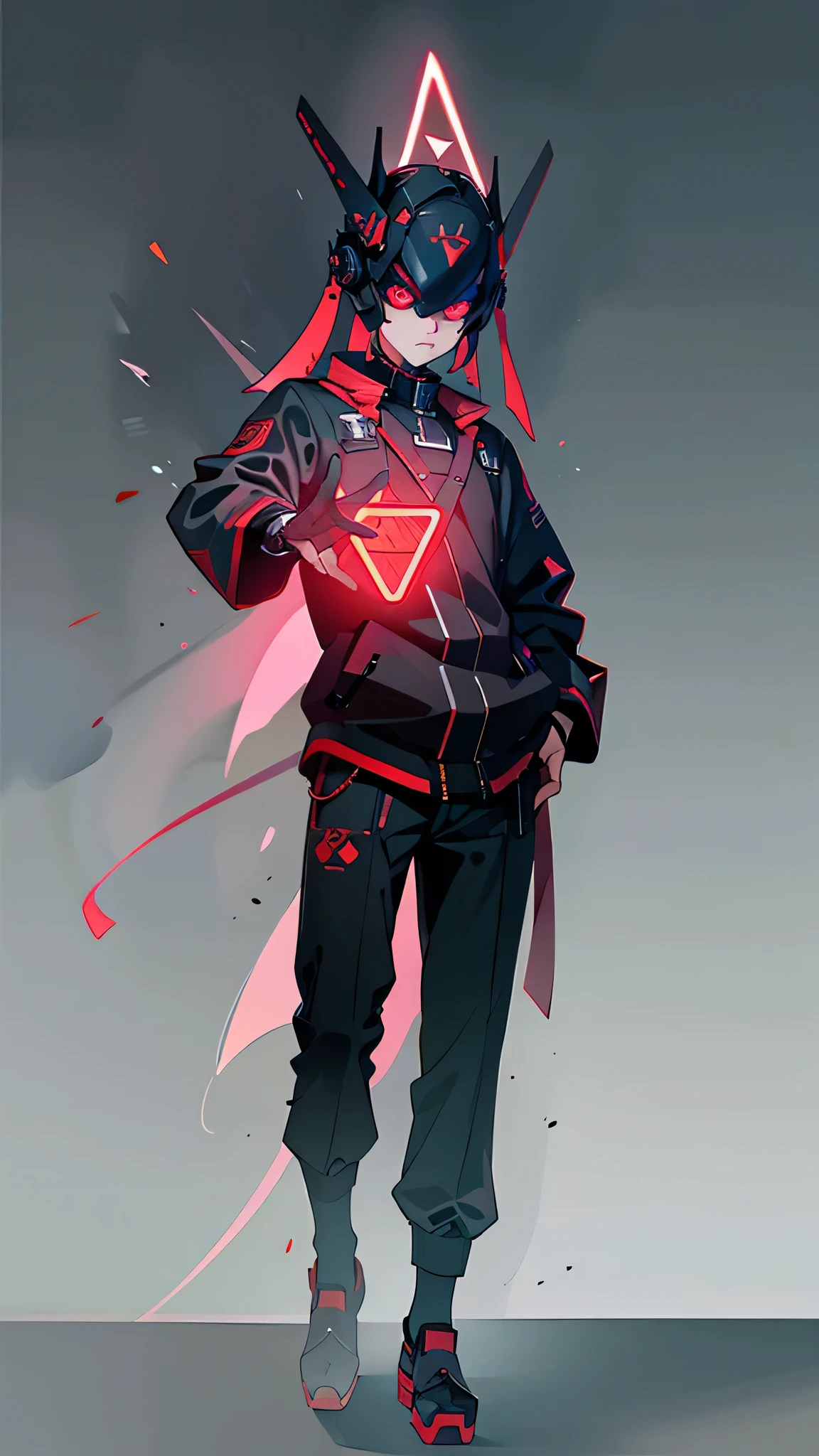 masterpiece, best quality, A close-up shot of a futuristic boy,China is black and impermanent,The traditional image of Hei Wuchang,Tradition meets modernity,Chinese style,Wearing a fantastic cyber helmet,Red triangle LED light and halo on the helmet, Wearing a black Techwear jacket with "Peace in the World" written on it, Full body white background