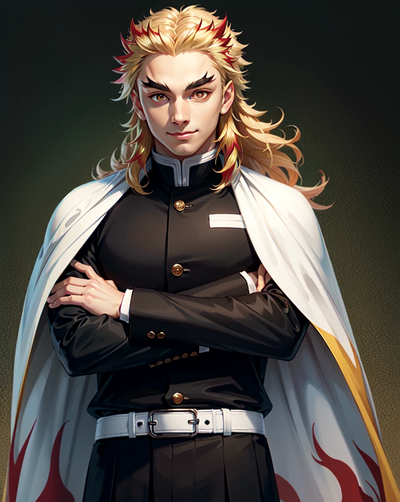 (masterpiece, best quality:1.3), score_9, score_8, score_7, score_6, solo, male focus, 1boy, rengoku kyojuro, long hair, forked eyebrows, grin, crossed arms, demon slayer uniform, black jacket, long sleeves, white cape, black pants, white belt, multicolored hair, yellow eyes, realistic, japanese room background , hd quality, high graphics, high end pixels
