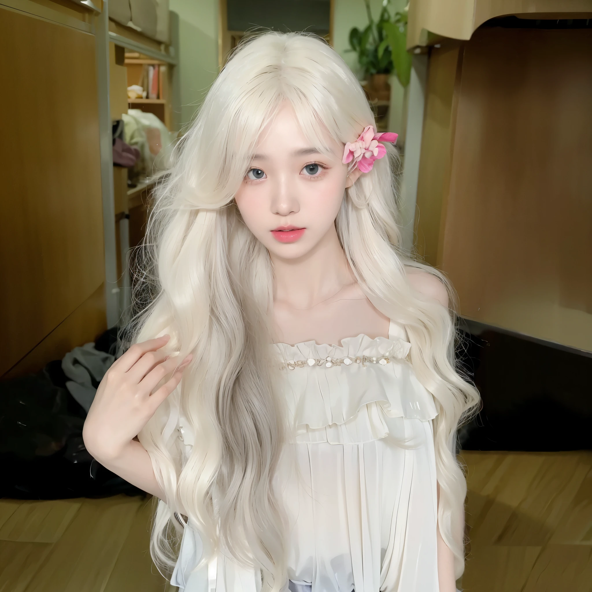 Middle-parted bangs，Creamy Platinum Long Curly Hair，Background dormitory is simple, clean and tidy，Natural and beautiful hair