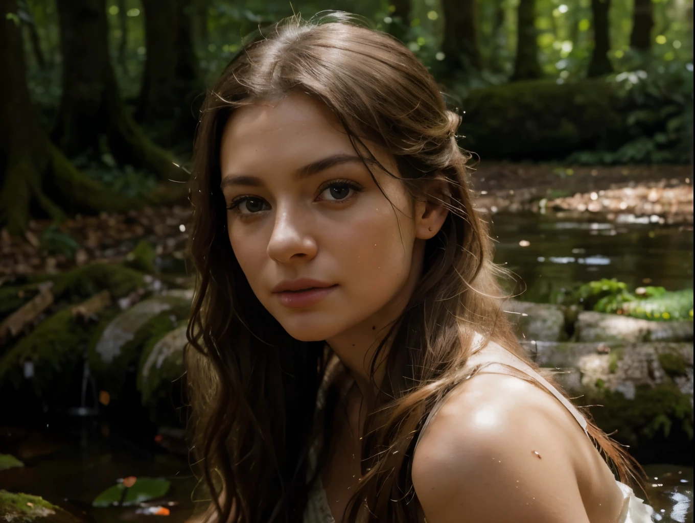 a lush green forest with streams of light filtering through the trees, a young woman sitting peacefully on a moss-covered log, beautiful detailed eyes, beautiful detailed lips, extremely detailed eyes and face, long eyelashes, serene expression, wearing a flowing white dress, sunlight dappling her skin, (best quality,4k,8k,highres,masterpiece:1.2),ultra-detailed,(realistic,photorealistic,photo-realistic:1.37),landscape,natural lighting,warm color tones,soft focus,cinematic,atmospheric