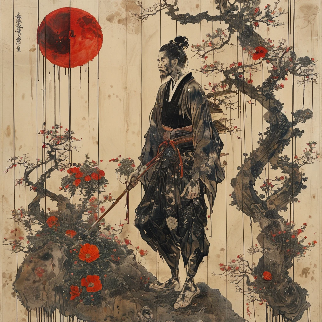 japanese line art , a samurai( tied up to a wooden steak with several arrows stuck in him,:1.2) lower body missing visible skeletal structure , ripped rags, rope and bloody ground, black skies and large moon , floral damask background , in the style of takato yamamoto ,