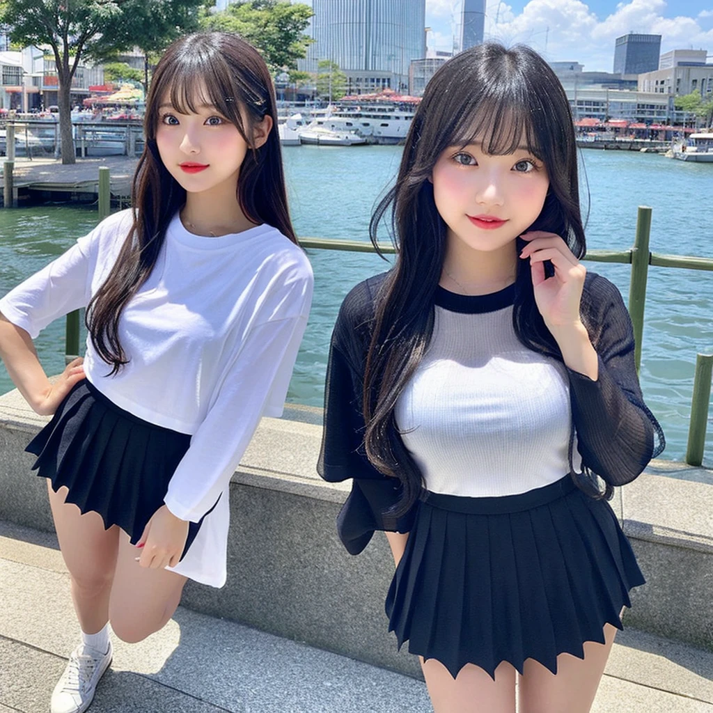 Japanese girl、Perfect figure、Transparency、Transcendent Big、Gravure idol pose、Waterfront、Flashy makeup、Tight T-shirt、Pleated mini skirt、