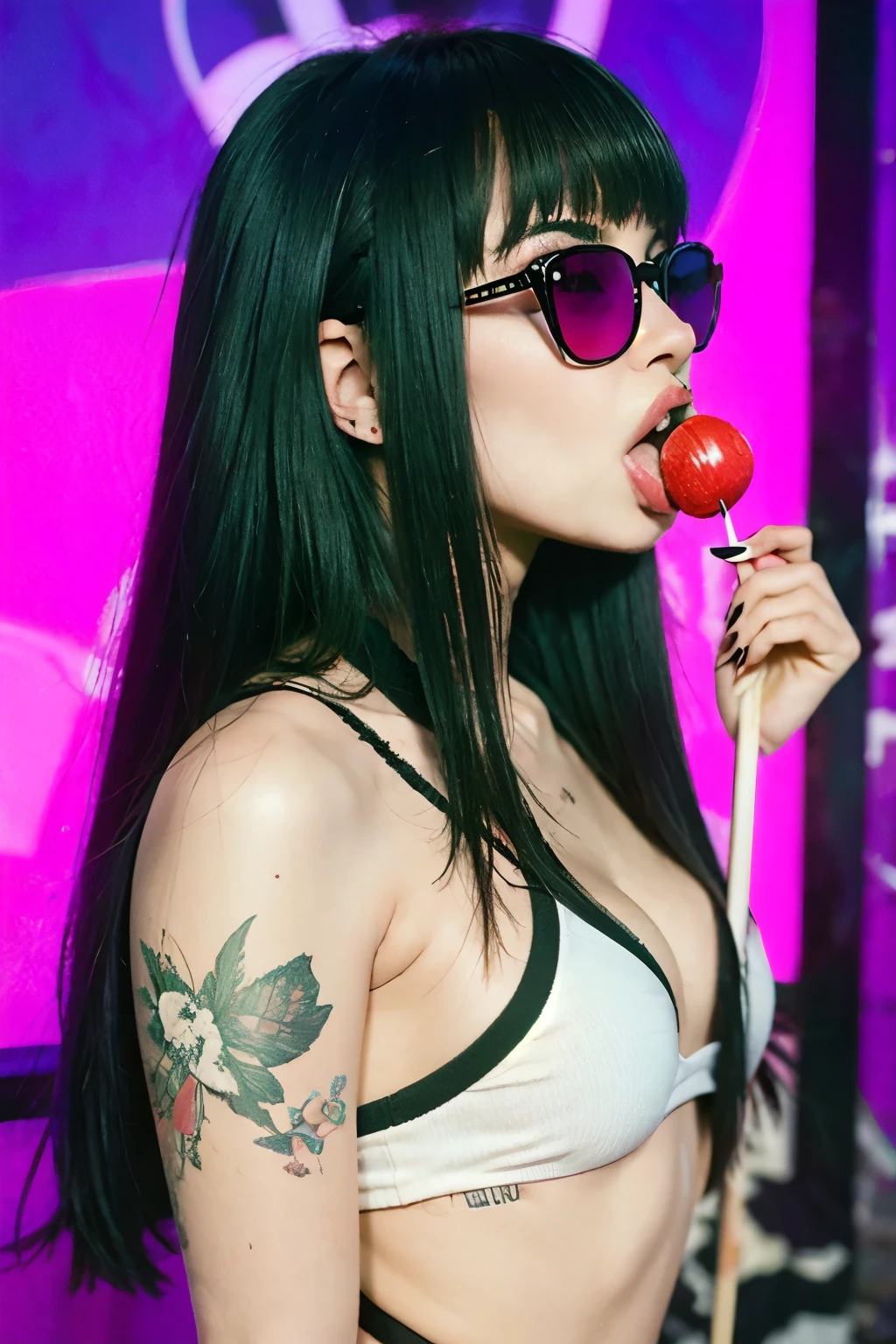 (work of art, best qualityer:1.2), 1 girl, standing alone, high qualiy raw photograph of a young (((goth girl, licking a red lollipop ,holding lollipop on hand))) , ((cut hair with bangs)), vibrant neon colors, cool sunglasses, silhuette, gazing at viewer, praise, ultra HD, precise, texturized skin, super detaill, High details, high qualiy, high resolution, 1080P, 4K